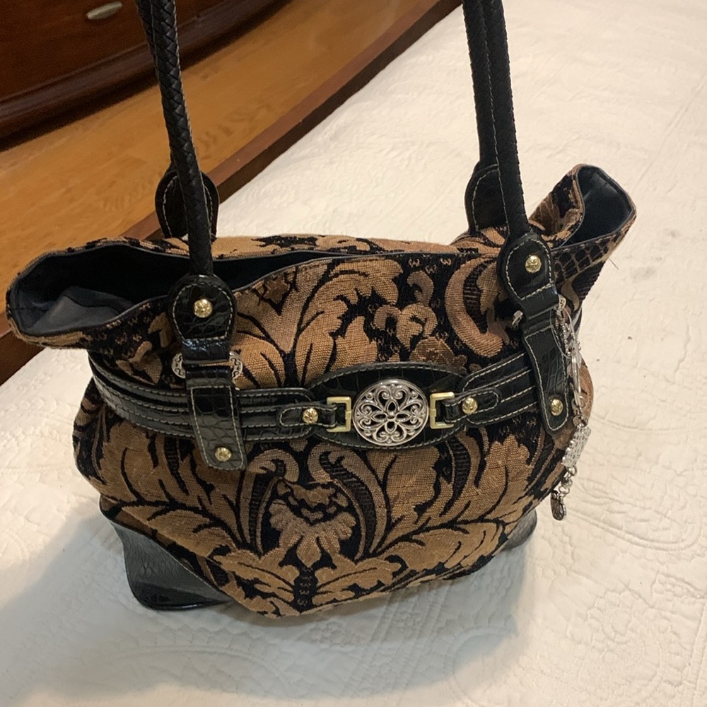 Rossetti NWT Elegant Black and Tan Tapestry Women's Bag Silvertone Key Chain